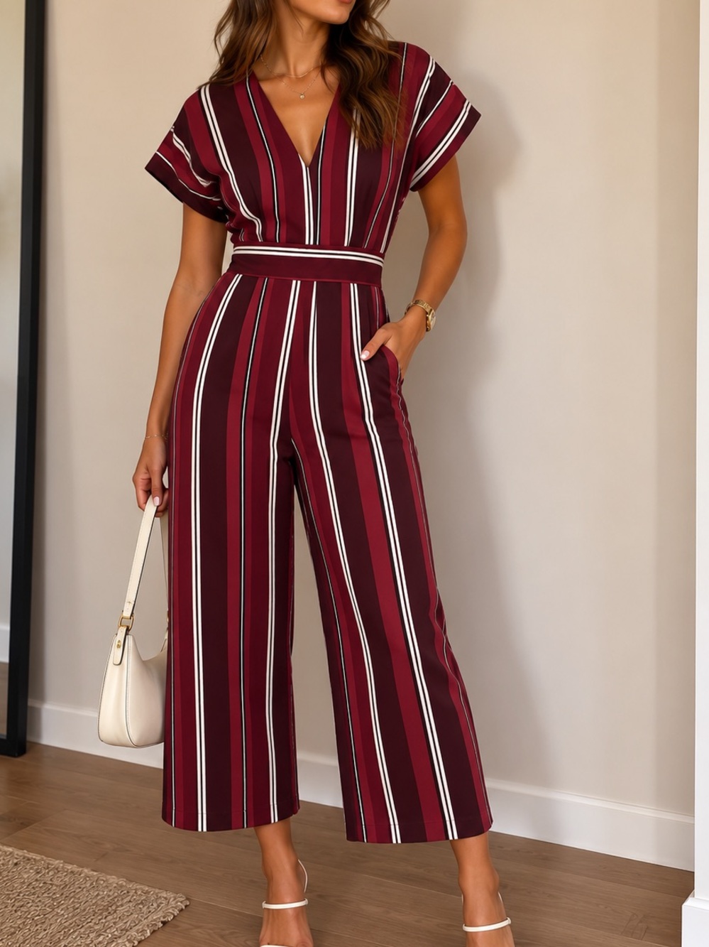 Burgundy Striped Jumpsuit open back Size 3